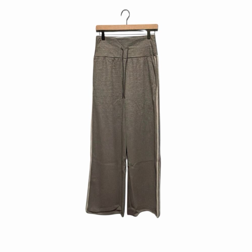 Ribbed High Waisted Tummy Control Drawstring Wide Leg Color Block Fleece Trouser - Picture 2 of 9
